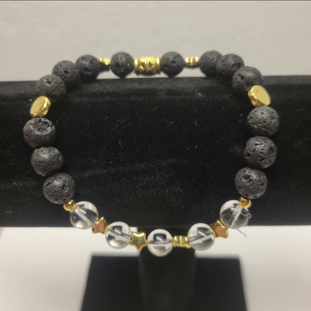 Hand Crafted Black Lava and Clear Quartz Bead Stretch Bracelet with Gold Stars